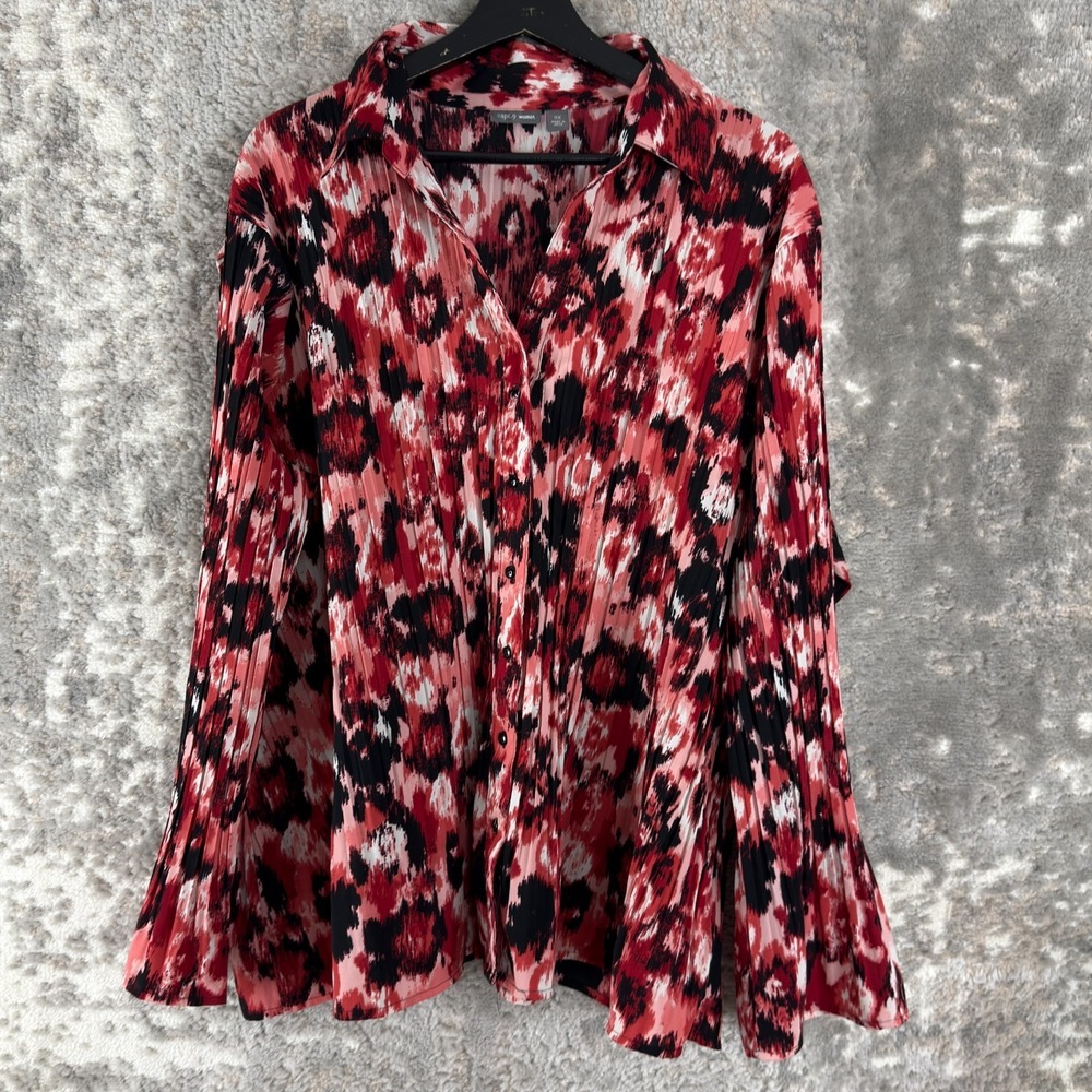 APT 9 Plus Size 3X Casual Button Top Red Pink Long‎ Sleeve V Neck Stretch